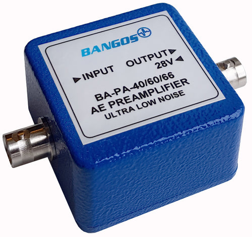 Ultra low noise acoustic emission preamplifier with switchable 40/60 dB gain power by 28 VDC